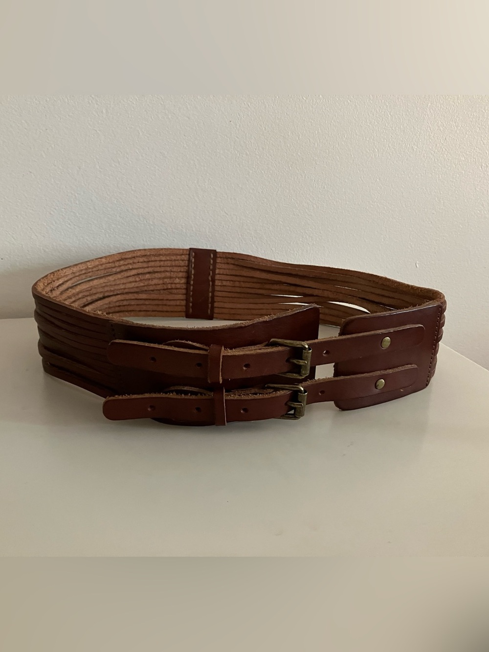 J. Crew Brown Double-Buckle Slatted Leather Waist Belt